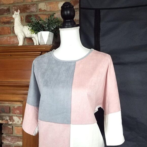 NEW NWT Joh Abigail Short Sleeve Grey Pink White Faux Suede Colorblock Top - Picture 6 of 11
